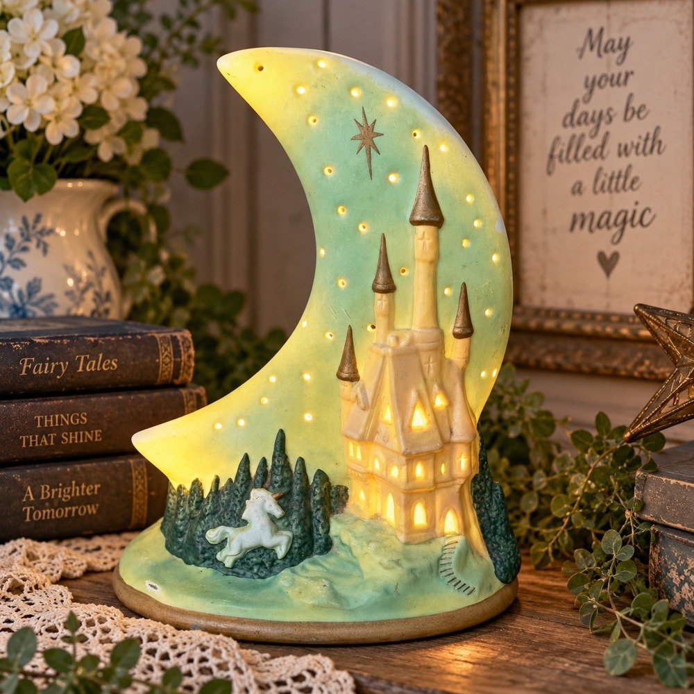 Vtg Ceramic Crescent Moon Castle Unicorn Night Light Fantasy Table Lamp WORKS